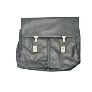 Perry Ellis Portfolio Black Genuine Leather Briefcase Black Many Pockets FLAW‎
